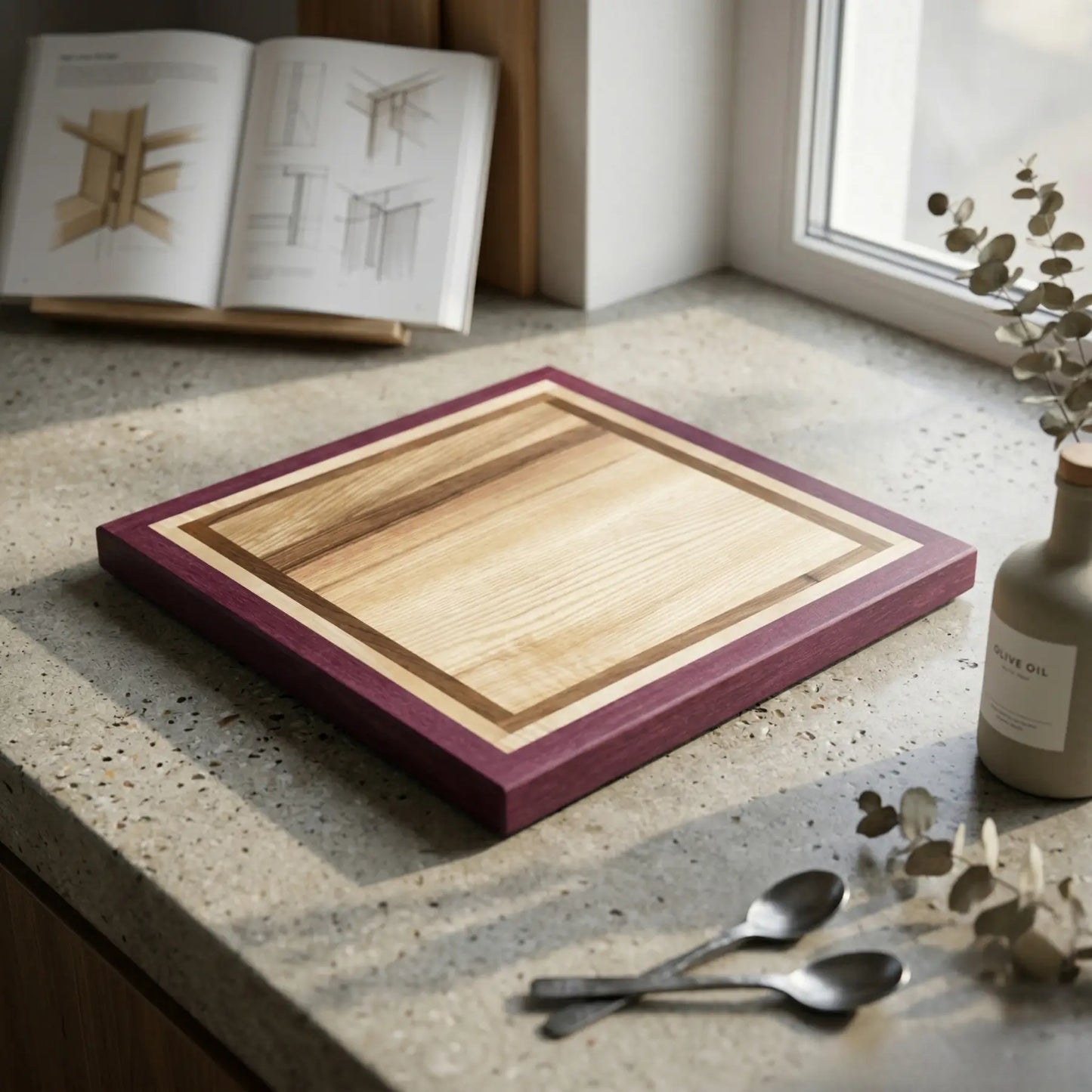 Wooden cutting board with purple border on a kitchen counter with books and utensils.