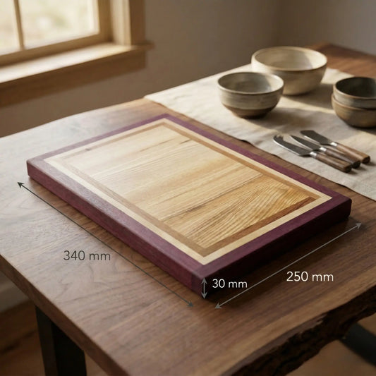 Framed end-grain cutting board side profile showing 30mm thickness
