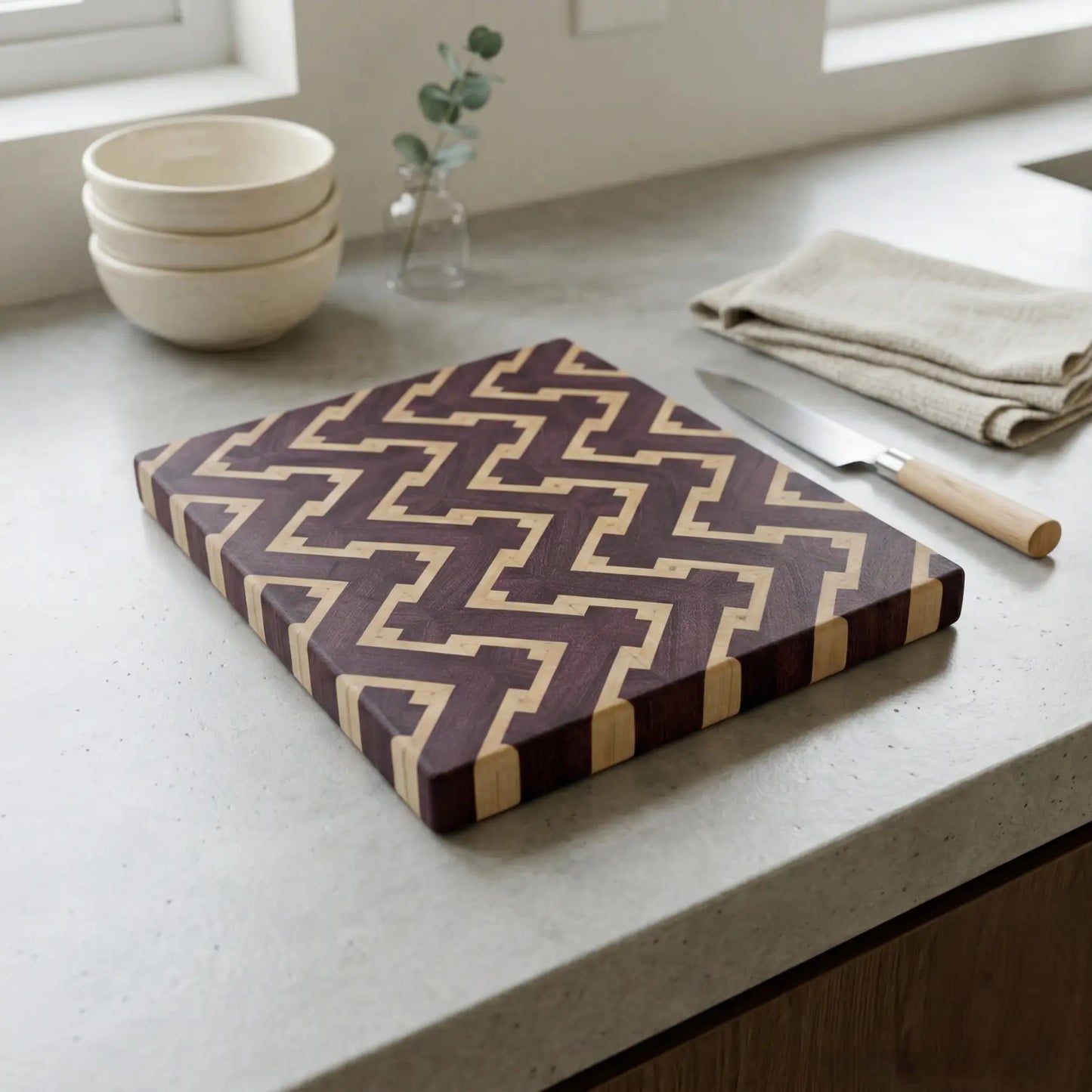 Zigzag cutting board with cheese display, modern kitchen lifestyle