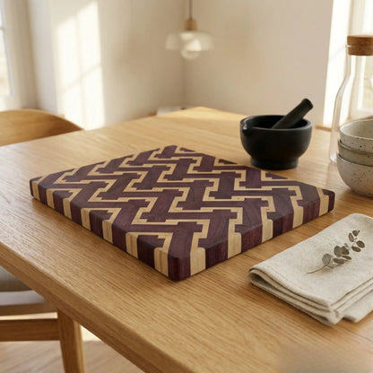 MNCWOOD handmade zigzag cutting board 305x225 mm close up detailing the complex end grain hardwood texture.