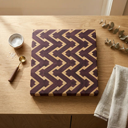 Close-up of zigzag pattern in purpleheart on handmade end-grain cutting board