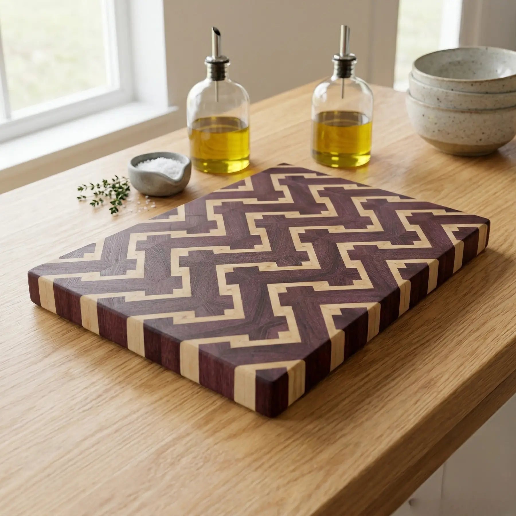 Zigzag pattern board at angle showing end-grain construction and geometry
