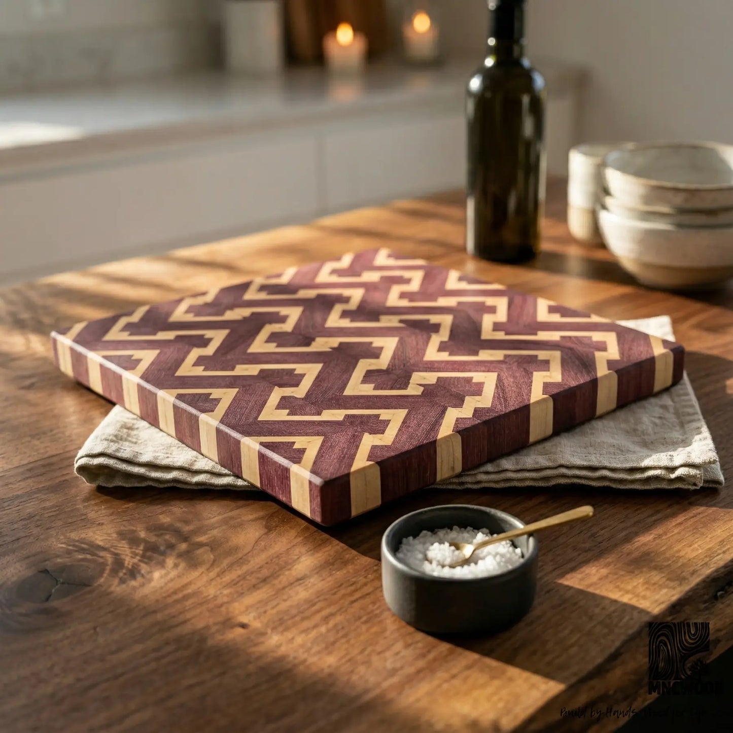 Premium end grain butcher block 12x8.9 inch close up showing the rich violet wood color and smooth oiled finish.