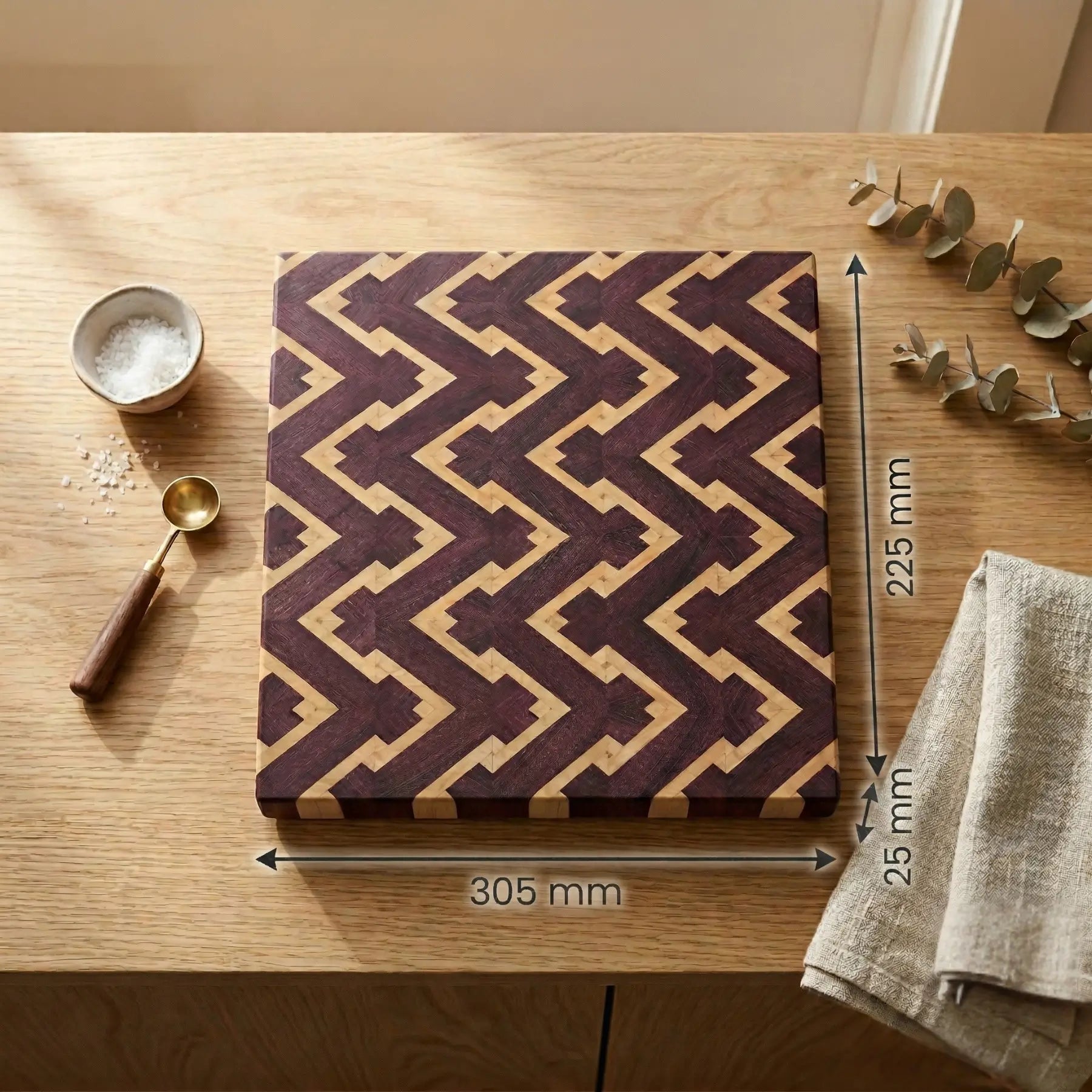Purpleheart zigzag end-grain board side profile showing 25mm thickness