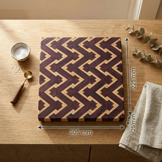 Purpleheart zigzag end-grain board side profile showing 25mm thickness