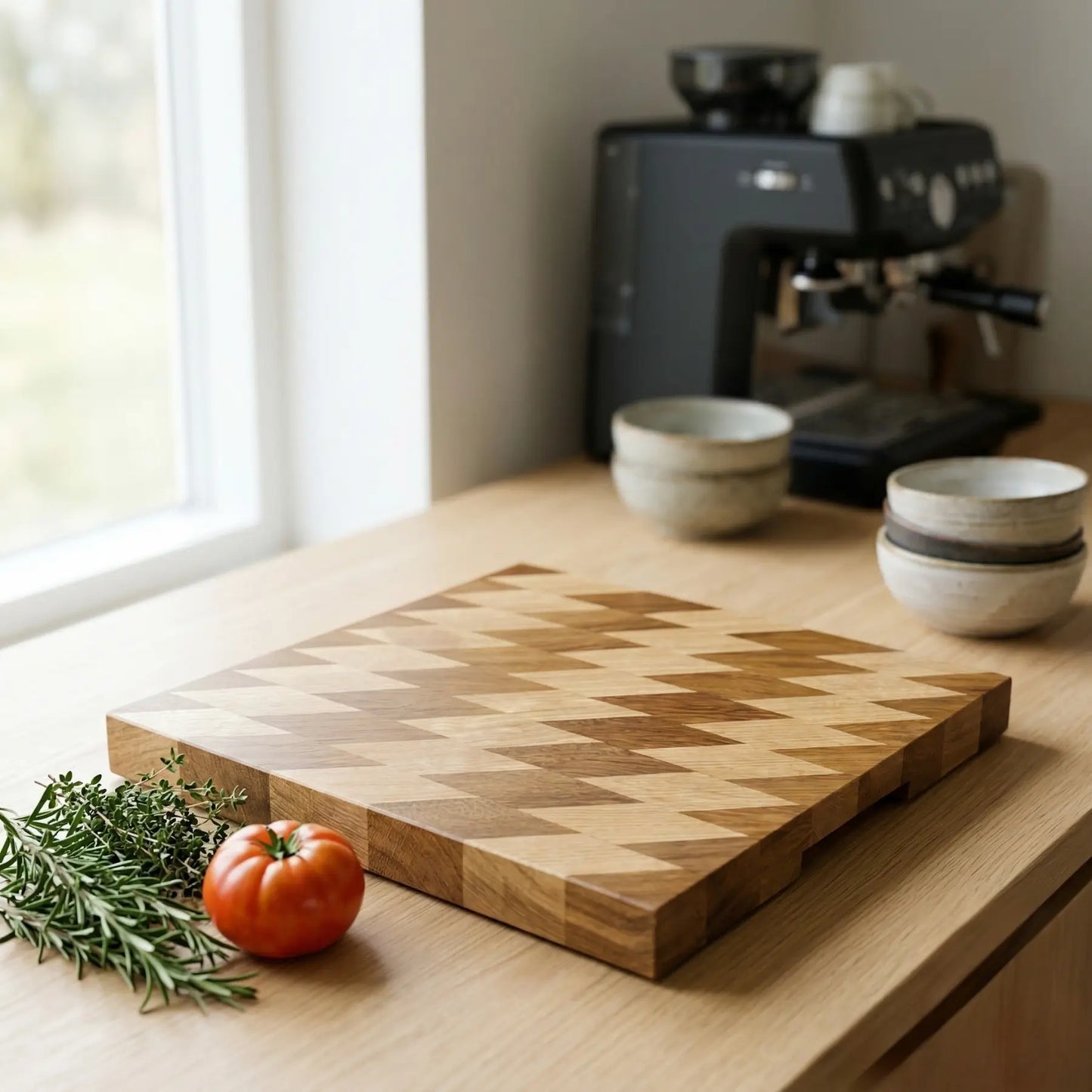 Elegant sapele and ash charcuterie board 14.5x13.7 inch styled with cheese and appetizers in a modern kitchen.