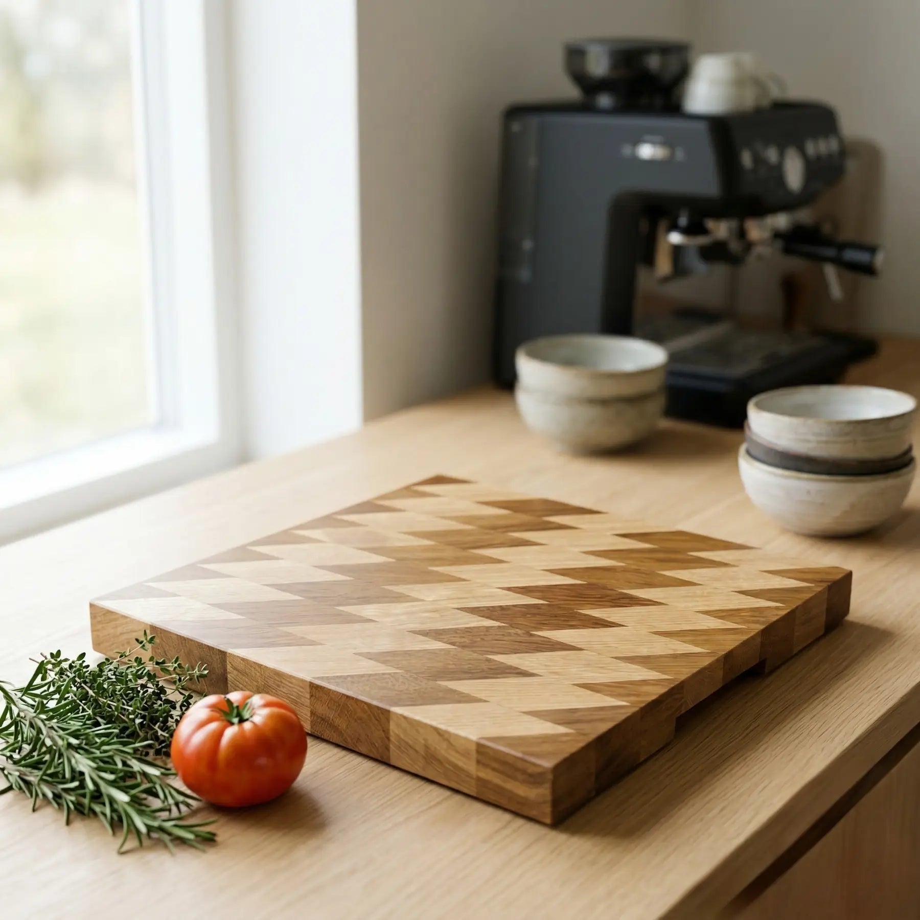 Elegant sapele and ash charcuterie board 14.5x13.7 inch styled with cheese and appetizers in a modern kitchen.