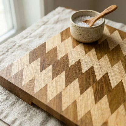 Thick wooden serving board 14.5x13.7 inch angled view highlighting the 40mm thickness and smooth rounded edges.
