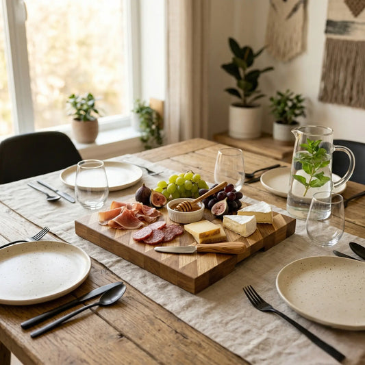 Premium sapele and ash face grain cutting board 14.5x13.7 inch displayed on a bright kitchen counter by MNCWOOD.