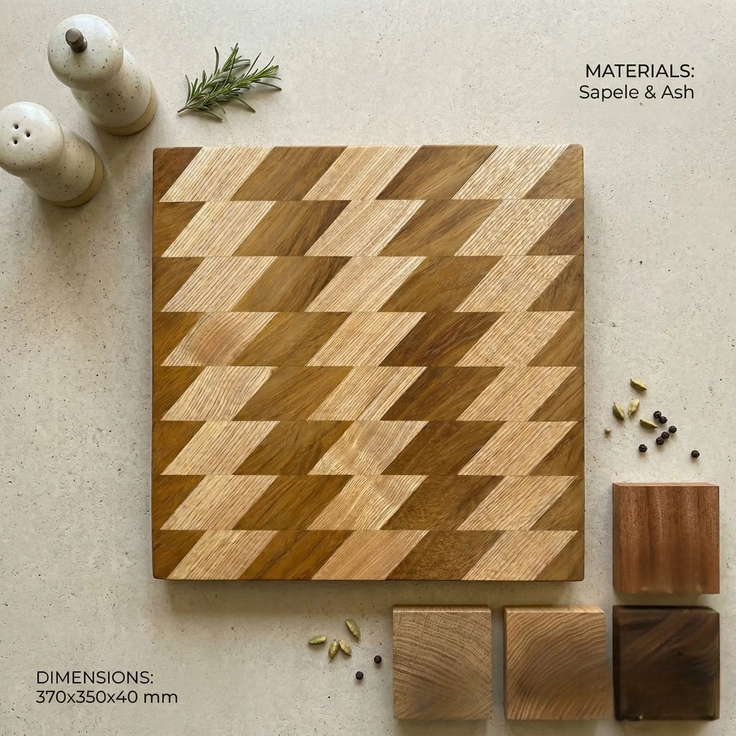 Handmade face grain chopping block 370x350 mm top down view showing the geometric chevron diamond wood design.