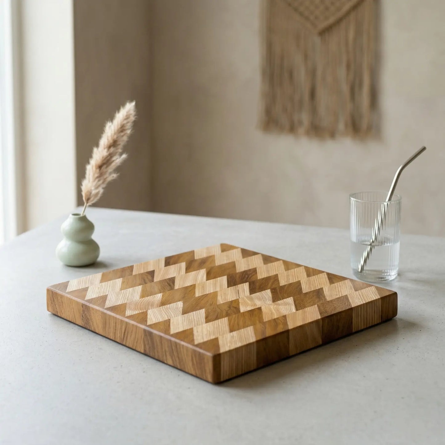MNCWOOD geometric chevron diamond cutting board 14.5x13.7 inch close up detailing the sapele and ash wood grain.