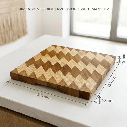Solid wood butcher block dimensions 370x350x40 mm graphic overlay showing exact measurements and chevron pattern.